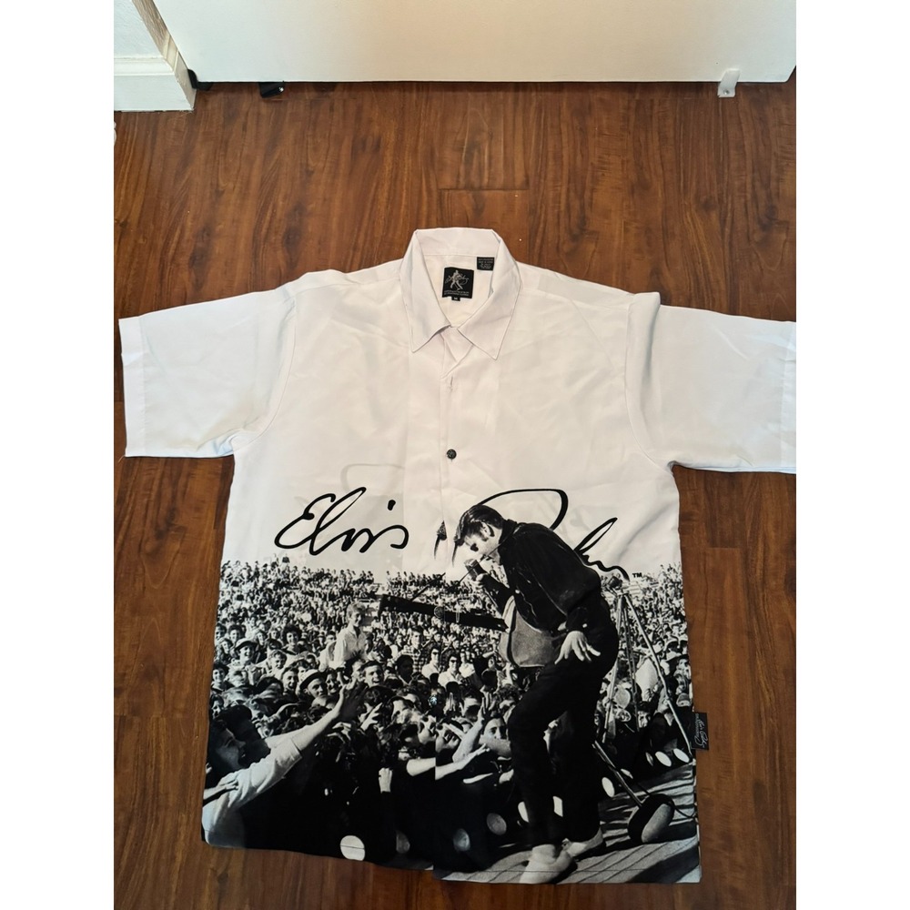 Vintage Men's Elvis Presley Full Graphic Button Up Shirt White Black Men's M
